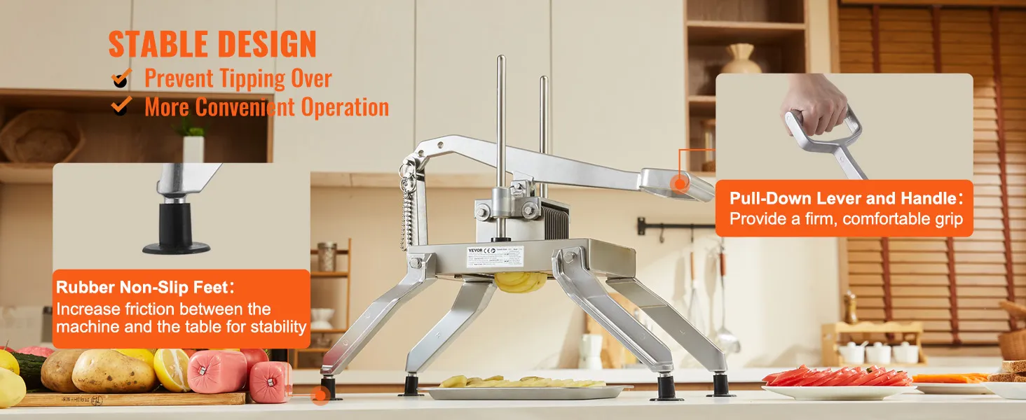 VEVOR tomato slicer with rubber non-slip feet and pull-down lever for stability and convenient operation.