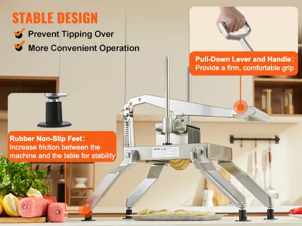 VEVOR tomato slicer in a kitchen with rubber non-slip feet, pull-down lever, and stable design features.
