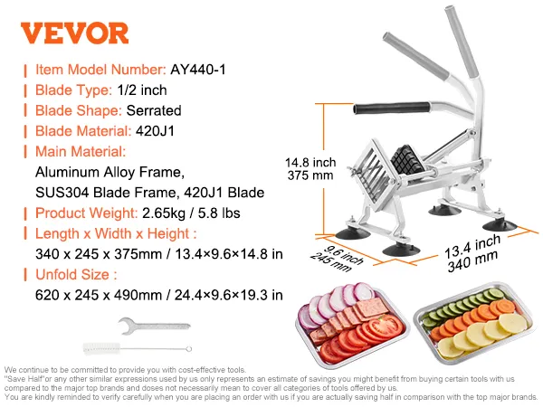 VEVOR vegetable slicer with serrated blade, aluminum alloy frame, and detailed specifications.