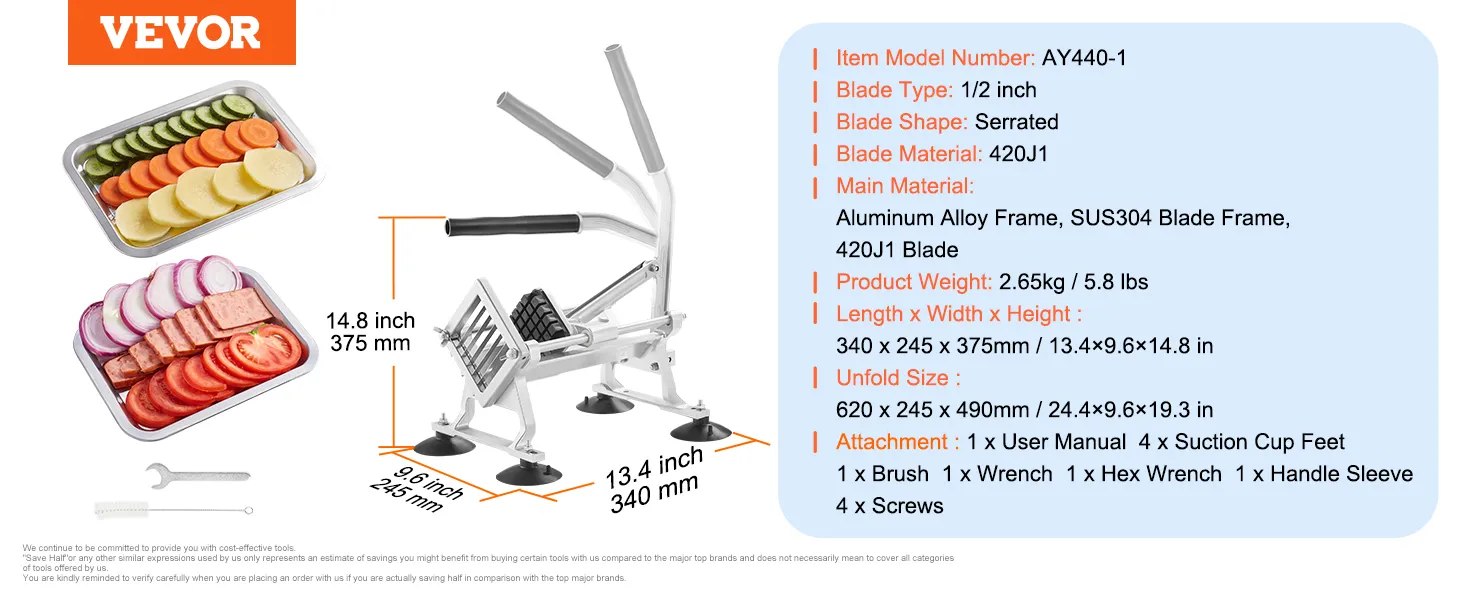 VEVOR vegetable slicer with serrated blade, aluminum alloy frame, and detailed specifications.