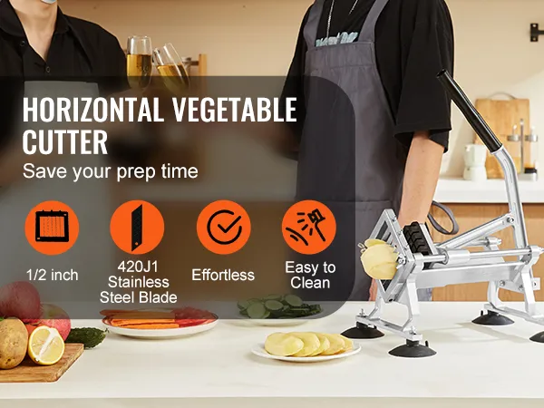 VEVOR vegetable slicer effortlessly cuts potatoes and veggies with its 420j1 stainless steel blade. easy to clean.