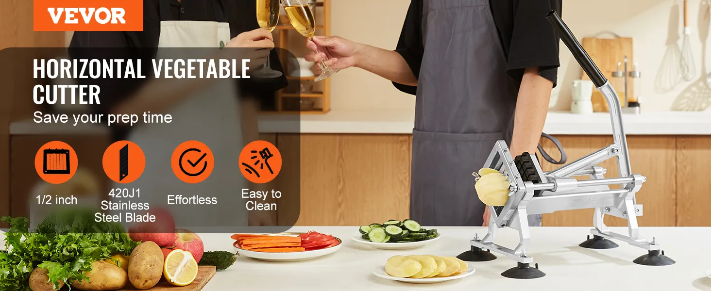 VEVOR vegetable slicer effortlessly cuts potatoes and veggies with its 420j1 stainless steel blade. easy to clean.