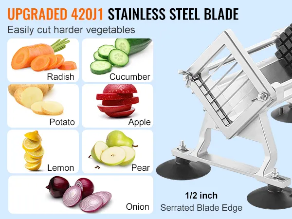 VEVOR vegetable slicer with upgraded 420j1 stainless steel blade for easy slicing, 1/2 inch serrated edge.