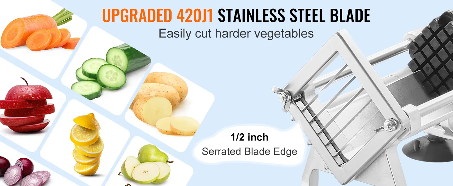 VEVOR vegetable slicer with upgraded 420j1 stainless steel blade for easy slicing, 1/2 inch serrated edge.