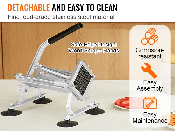 VEVOR vegetable slicer with stainless steel, easy assembly, corrosion-resistant, and safe-edge design.