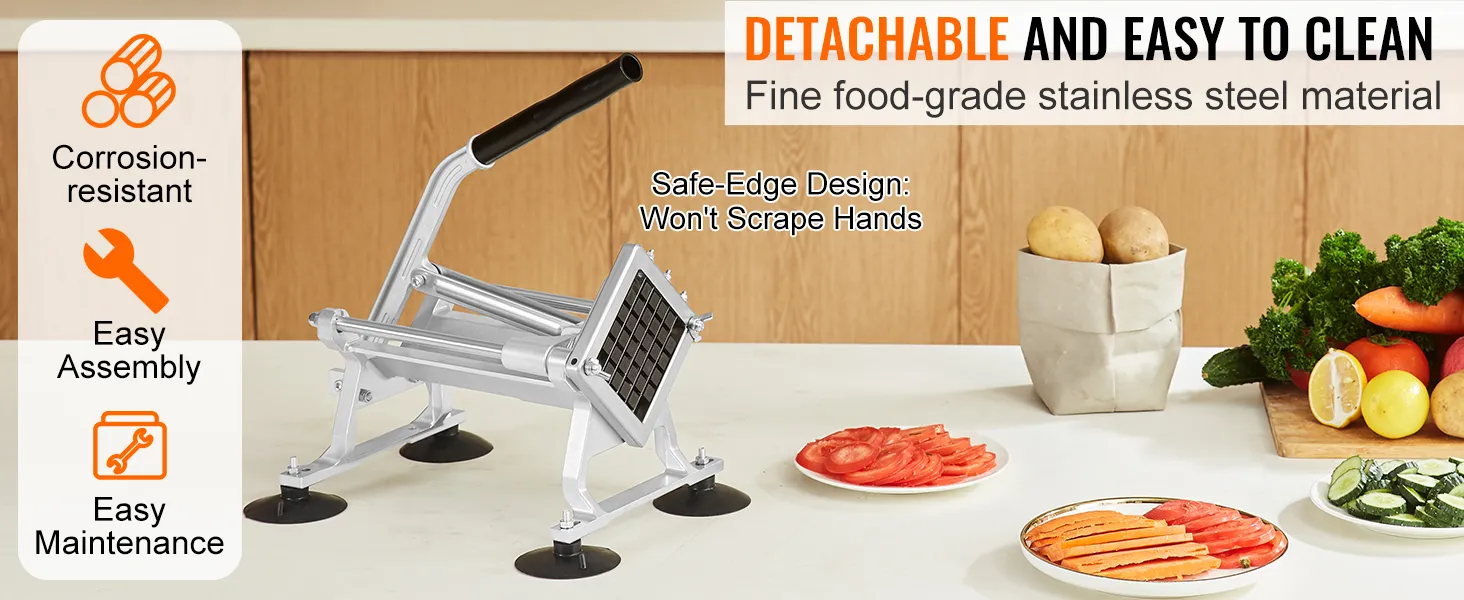 VEVOR vegetable slicer with stainless steel, easy assembly, corrosion-resistant, and safe-edge design.