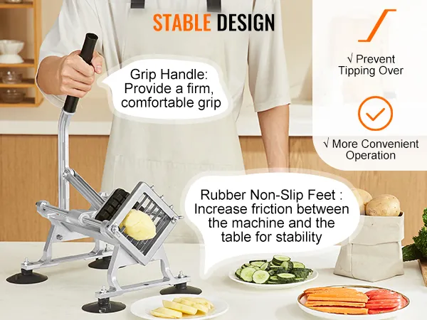 VEVOR vegetable slicer with grip handle and rubber non-slip feet for stability in a kitchen setting.