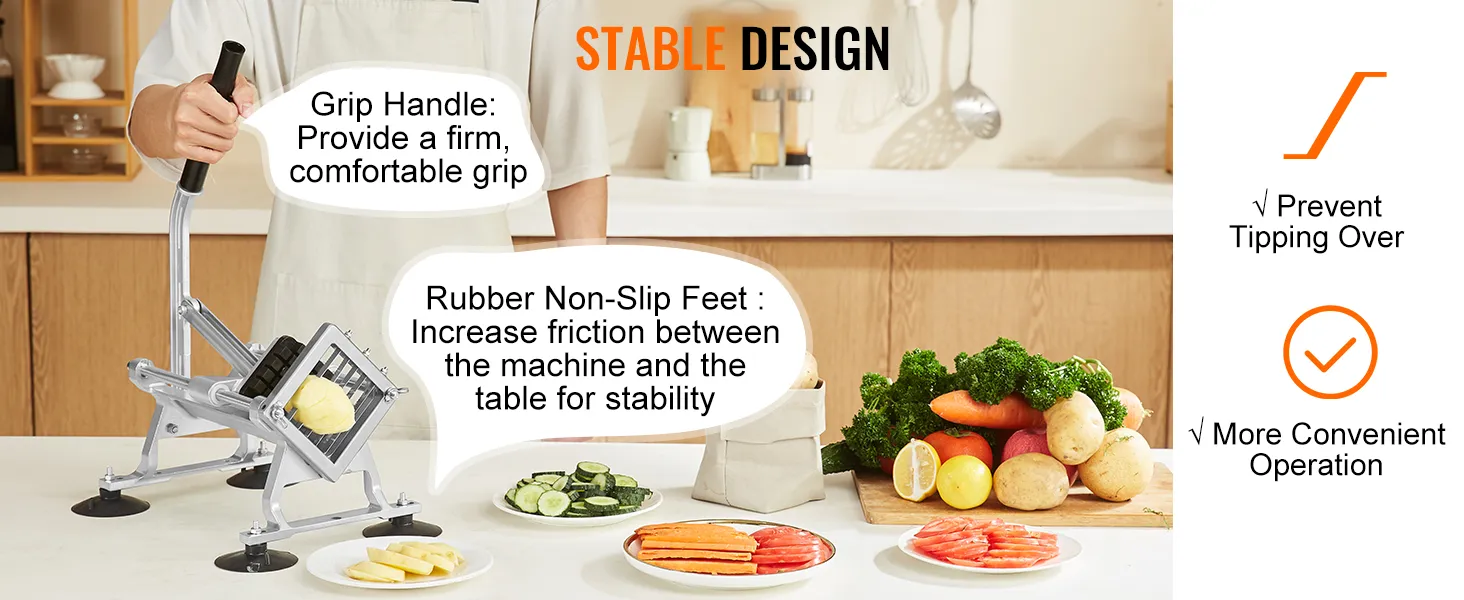 VEVOR vegetable slicer with grip handle and rubber non-slip feet for stability in a kitchen setting.