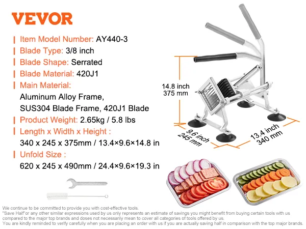 VEVOR vegetable slicer with serrated 3/8 inch blade, 14.8-inch height, and aluminum alloy frame, detailed specs.