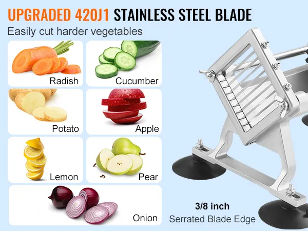 VEVOR vegetable slicer: 420j1 stainless steel blade slices vegetables like carrots, cucumbers, and potatoes.