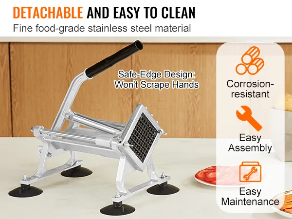 VEVOR vegetable slicer with stainless steel body, safe-edge design, easy assembly, and maintenance.
