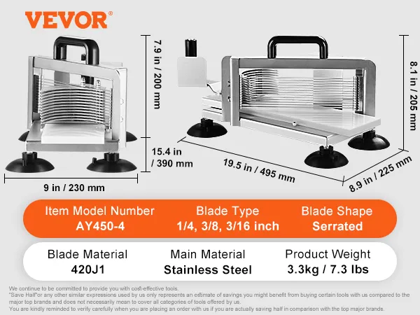 VEVOR tomato slicer with serrated stainless steel blades, model ay450-4, dimensions, and weight info.