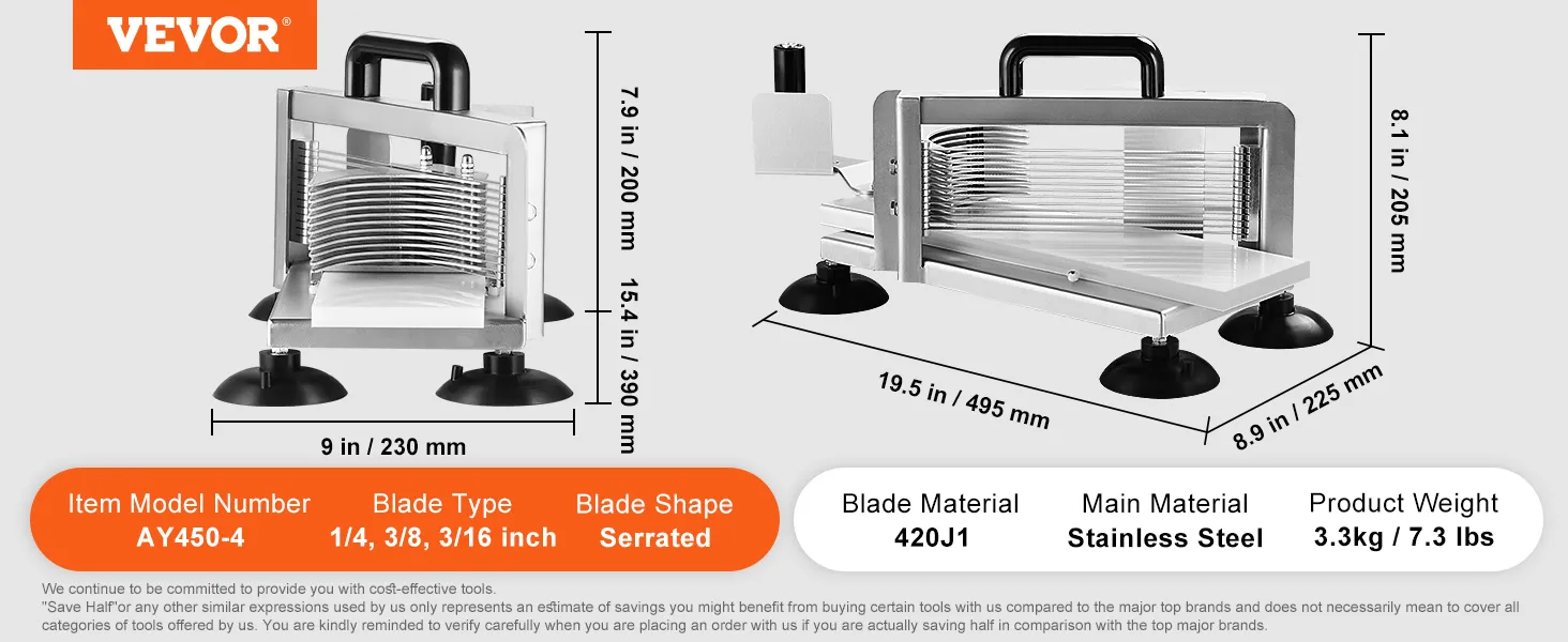 VEVOR tomato slicer with serrated stainless steel blades, model ay450-4, dimensions, and weight info.