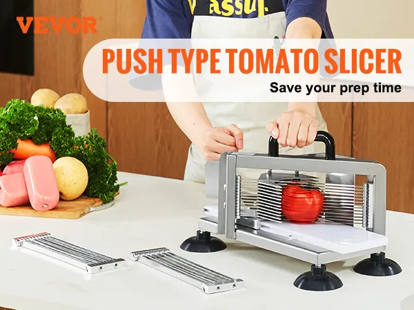 VEVOR tomato slicer showing easy-to-clean, effortless slicing with 420j1 stainless steel blades.