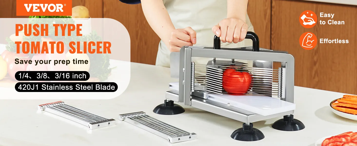 VEVOR tomato slicer showing easy-to-clean, effortless slicing with 420j1 stainless steel blades.