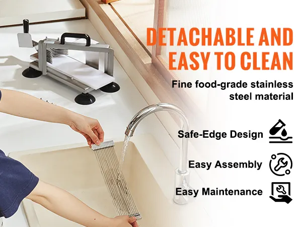 washing VEVOR tomato slicer in sink, detachable stainless steel design, easy to clean and maintain.