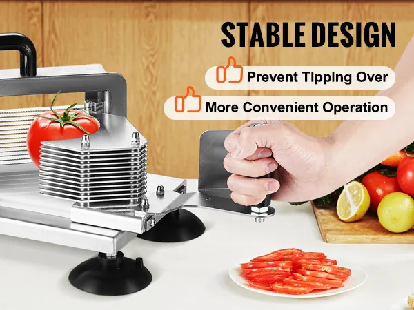 VEVOR tomato slicer features serrated blade, quick slicing, and rubber non-slip feet for stability.