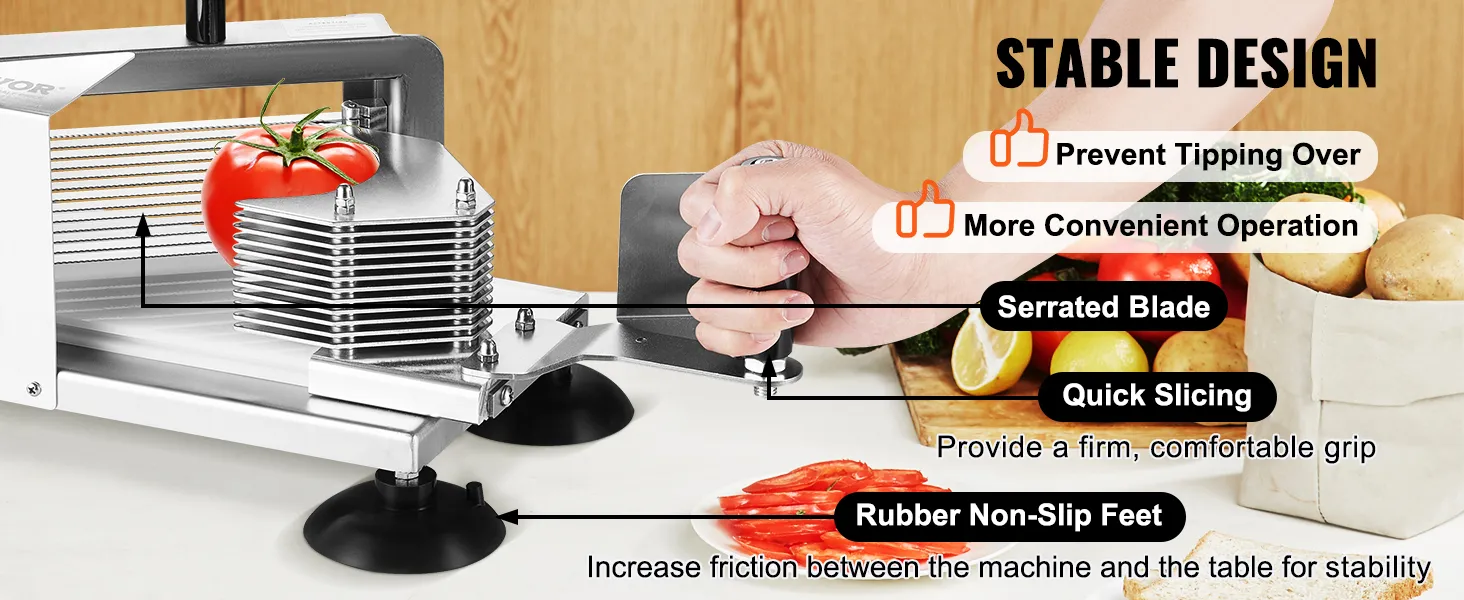 VEVOR tomato slicer features serrated blade, quick slicing, and rubber non-slip feet for stability.