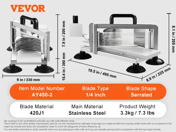 VEVOR tomato slicer with serrated blade, stainless steel, 15.4x9 inches, model ay450-2, 7.3 lbs.