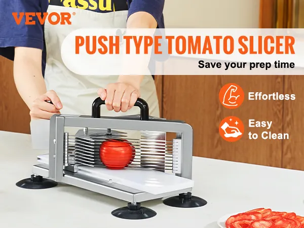 VEVOR tomato slicer with 420j1 stainless steel blade slicing tomato, plates with tomato slices nearby.