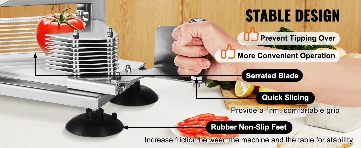 VEVOR tomato slicer with serrated blades, rubber non-slip feet, and easy-grip handle for quick slicing.