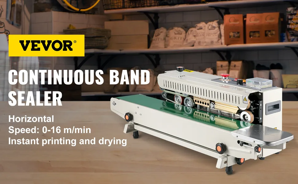 VEVOR continuous band sealer in a commercial kitchen, speed 0-16 m/min, instant printing.