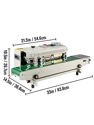 VEVOR continuous band sealer with dimensions and green conveyor belt.