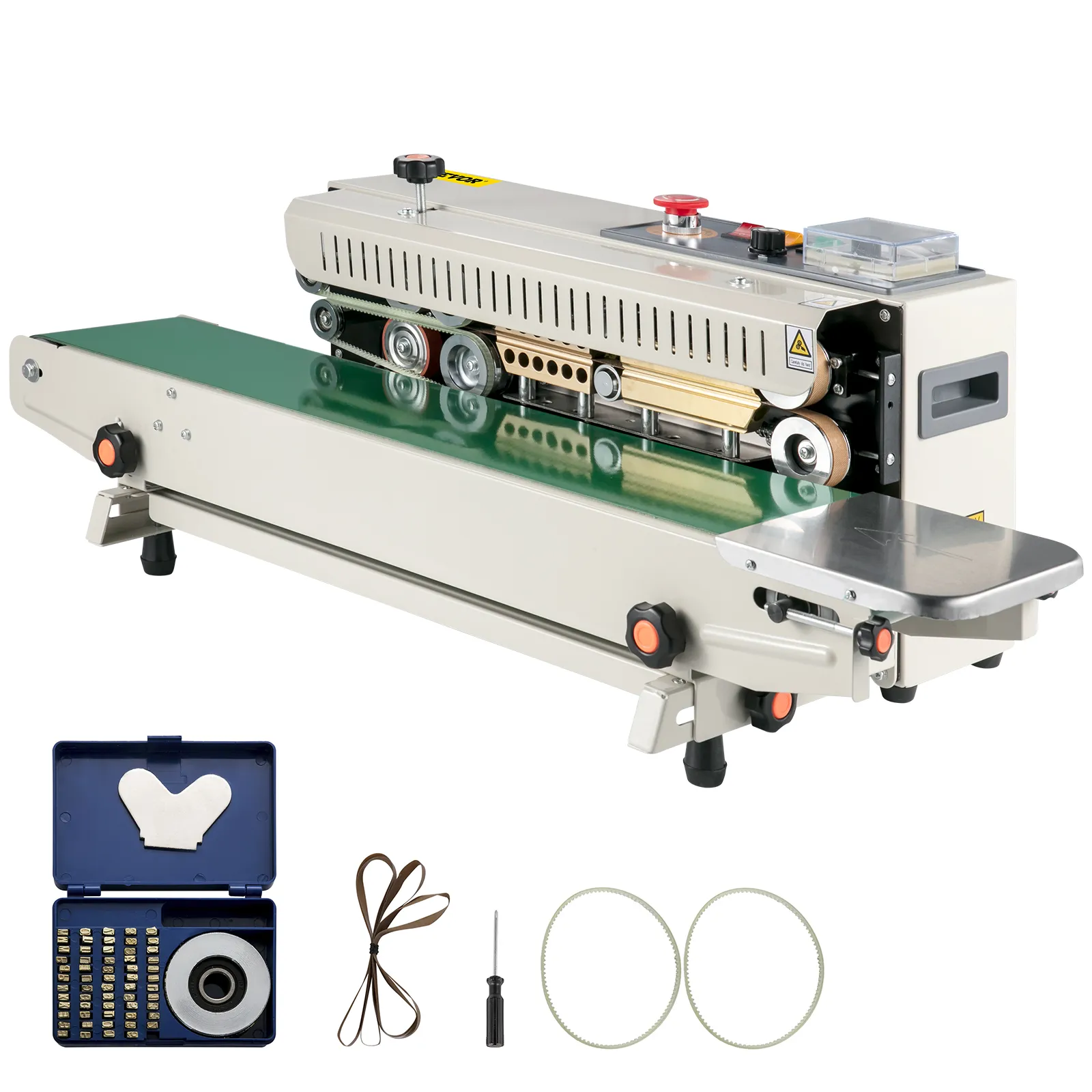 VEVOR continuous band sealer with accessories, sealing machine, green conveyor belt.