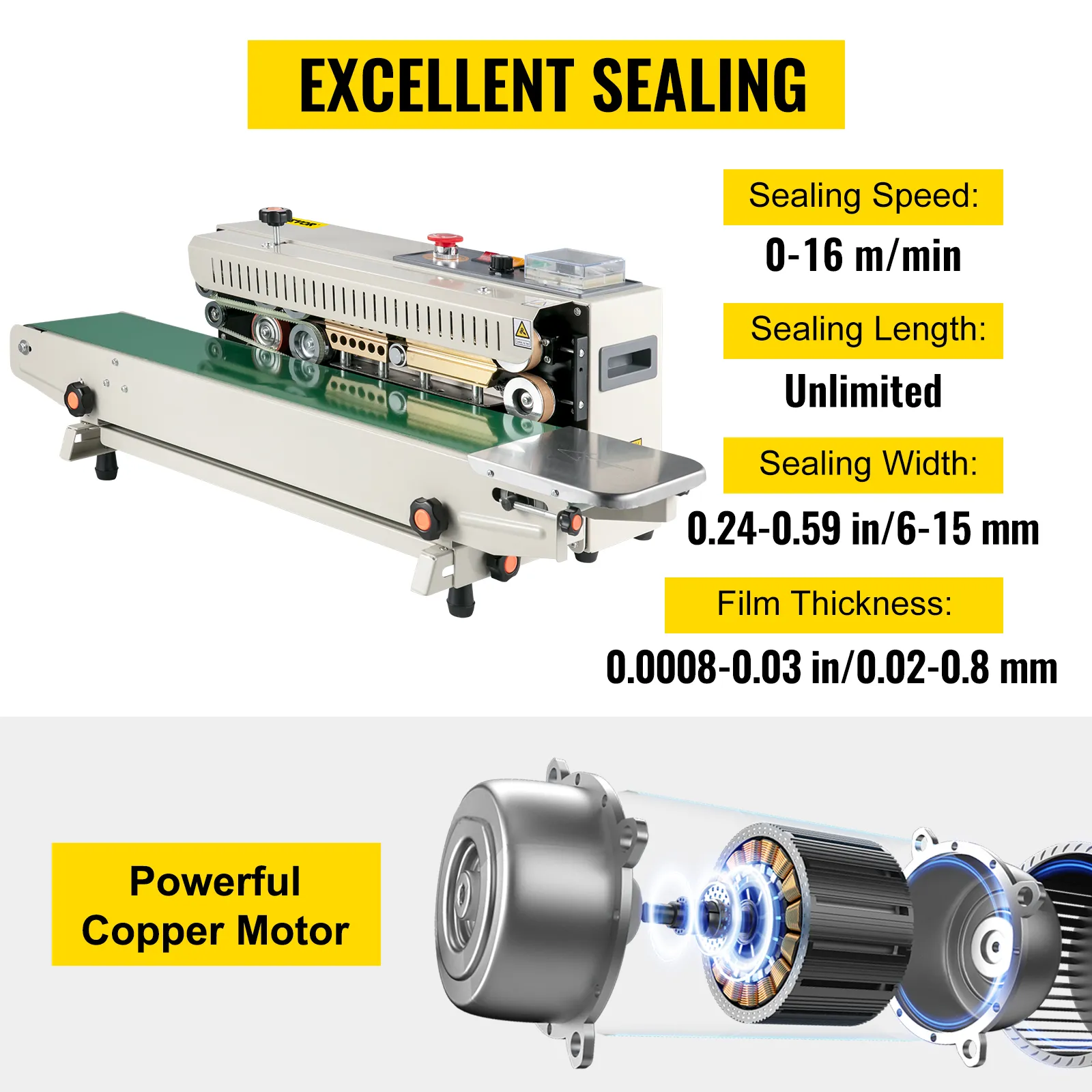 VEVOR continuous band sealer with powerful copper motor and excellent sealing features.