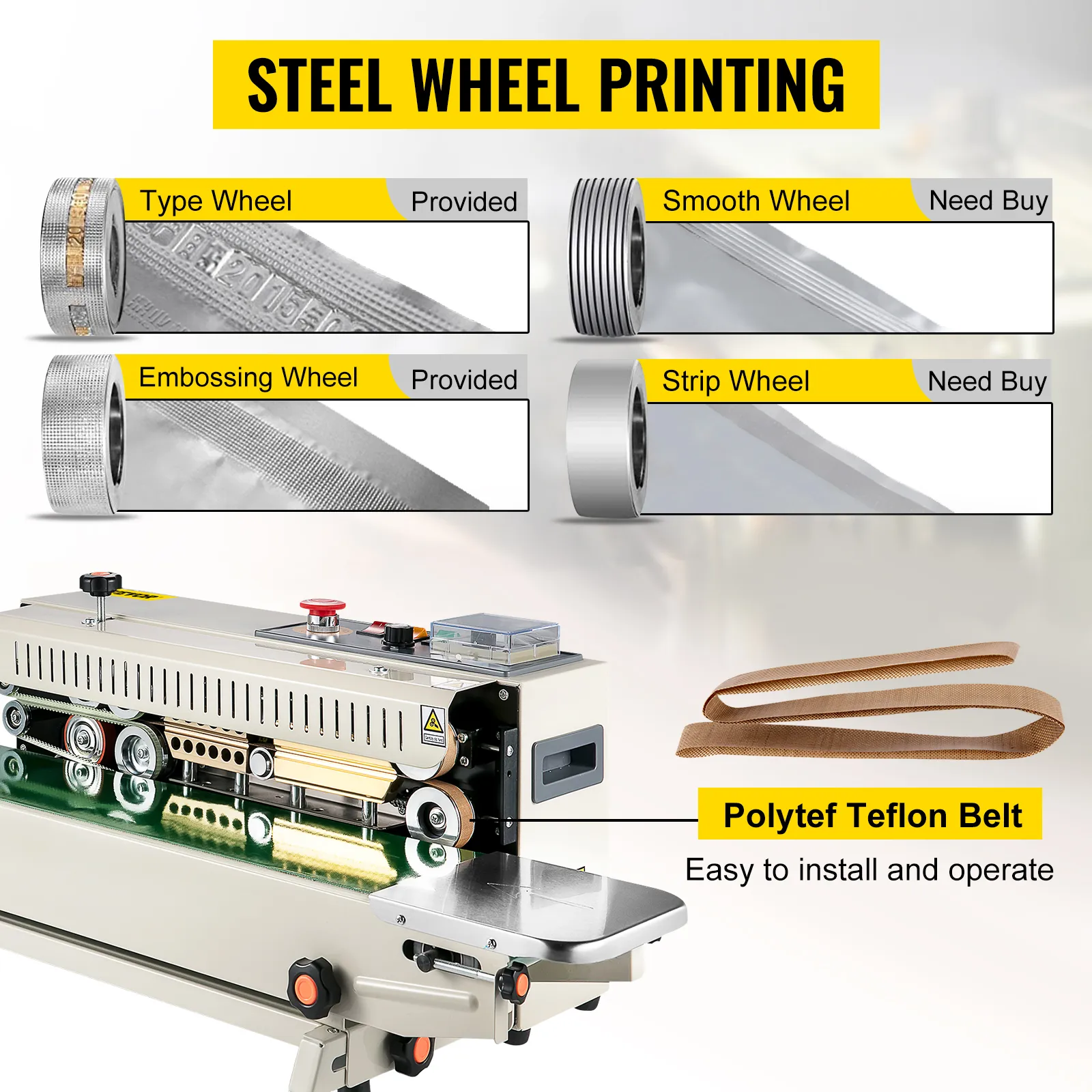 VEVOR continuous band sealer with various steel printing wheels and polytef teflon belt.