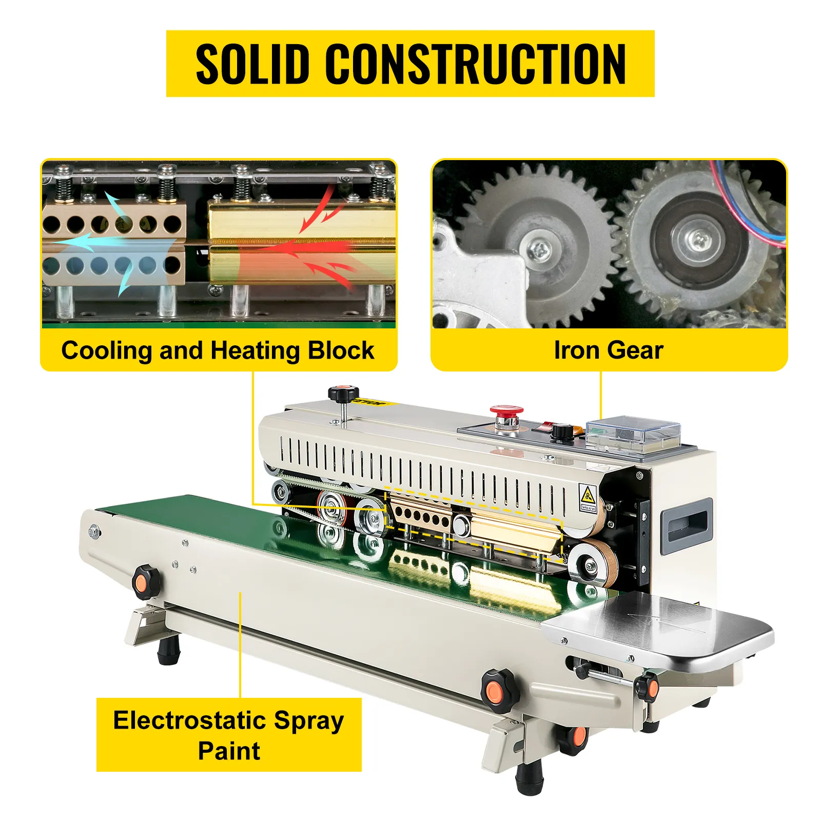 VEVOR continuous band sealer with cooling block, iron gear, and electrostatic spray paint.