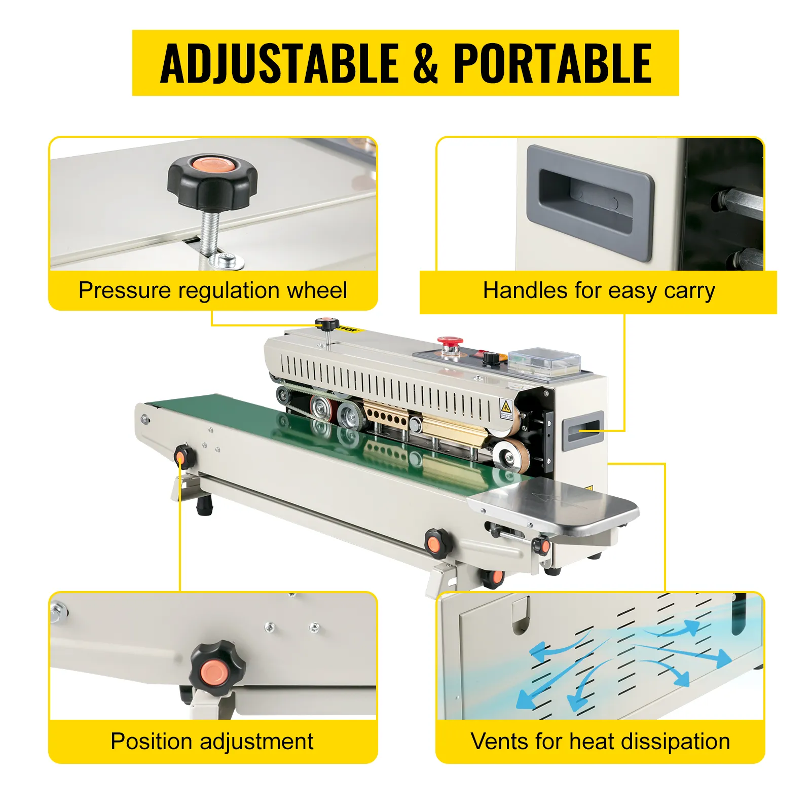 VEVOR continuous band sealer with pressure wheel, handles, position adjuster, and vents.