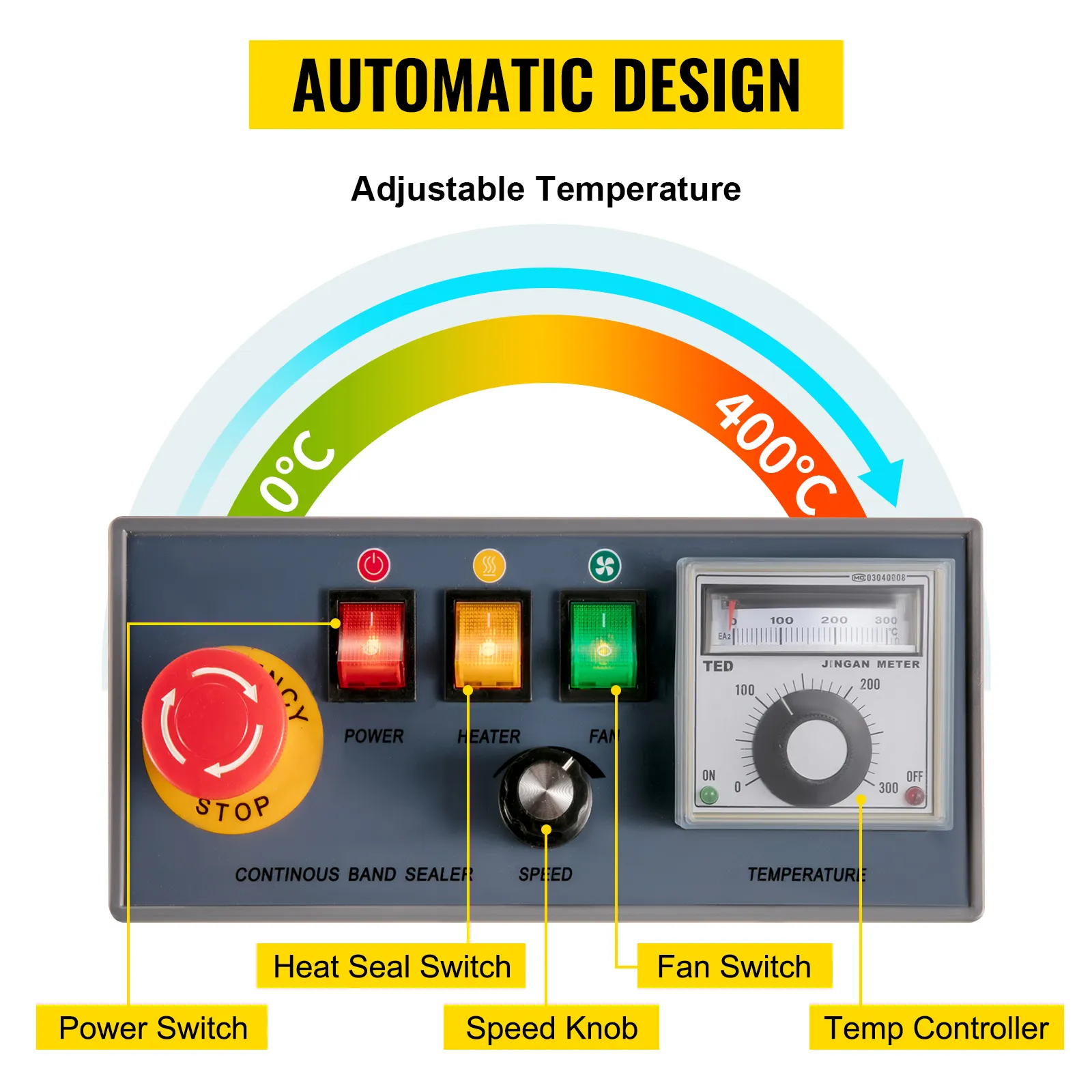 VEVOR continuous band sealer control panel with adjustable temperature settings.