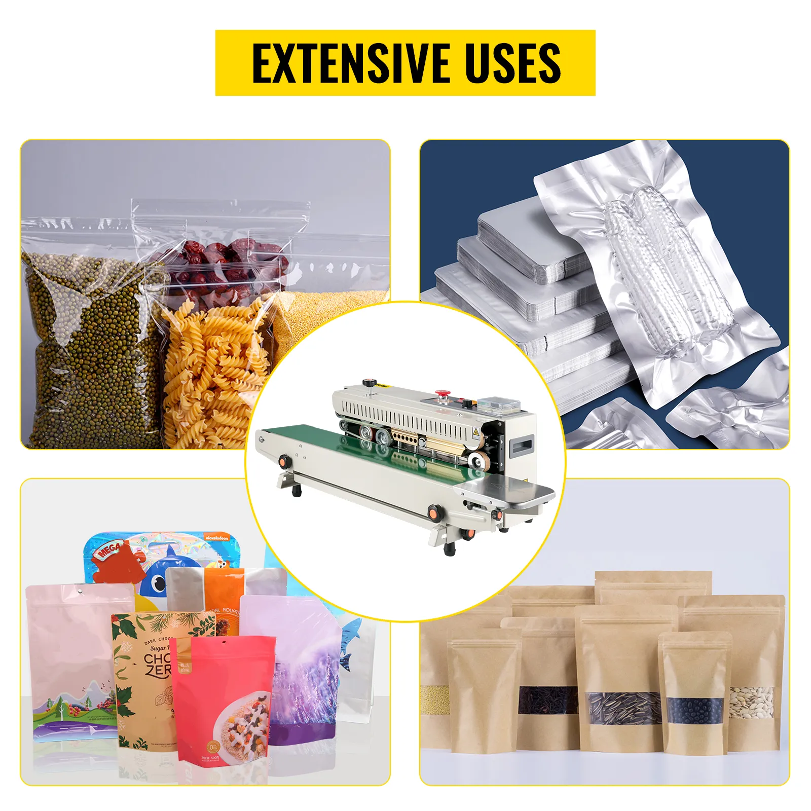 VEVOR continuous band sealer for sealing various food packaging types and materials.