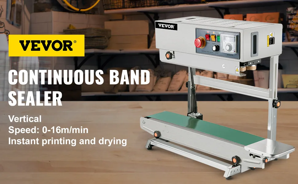 Selladora de banda VEVOR, vertical, velocidad 0-16m/min, impresión y secado instantáneo.