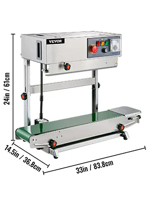 Maquina selladora de banda de acero inoxidable VEVOR con panel de control y medidas.