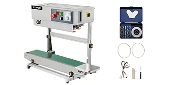 Selladora de banda VEVOR con accesorios, incluidas piezas de repuesto y un juego de herramientas.