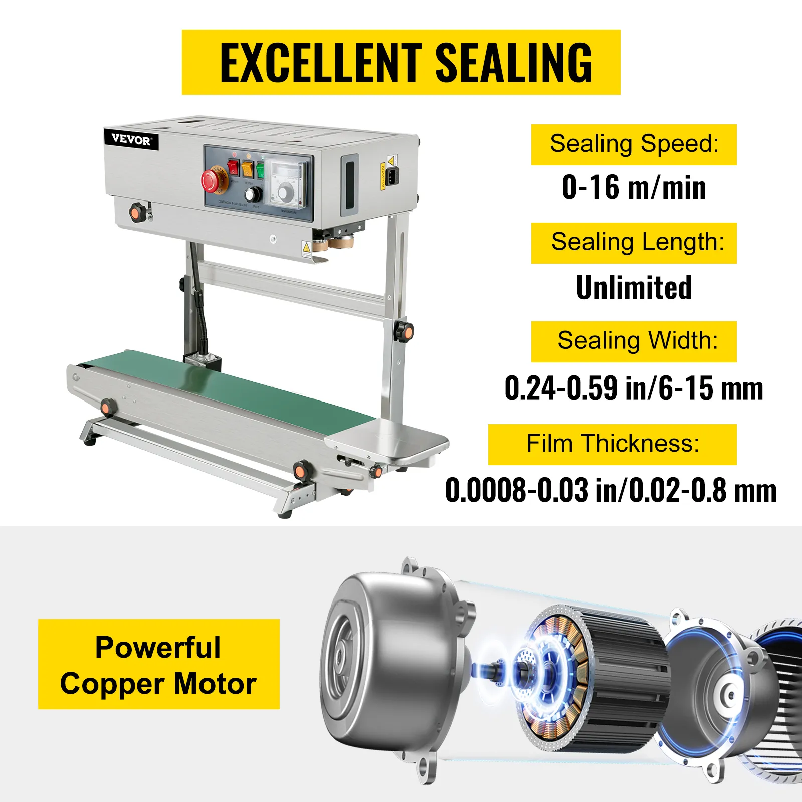 Selladora de banda VEVOR con potente motor de cobre, velocidad de sellado y ancho ajustables.