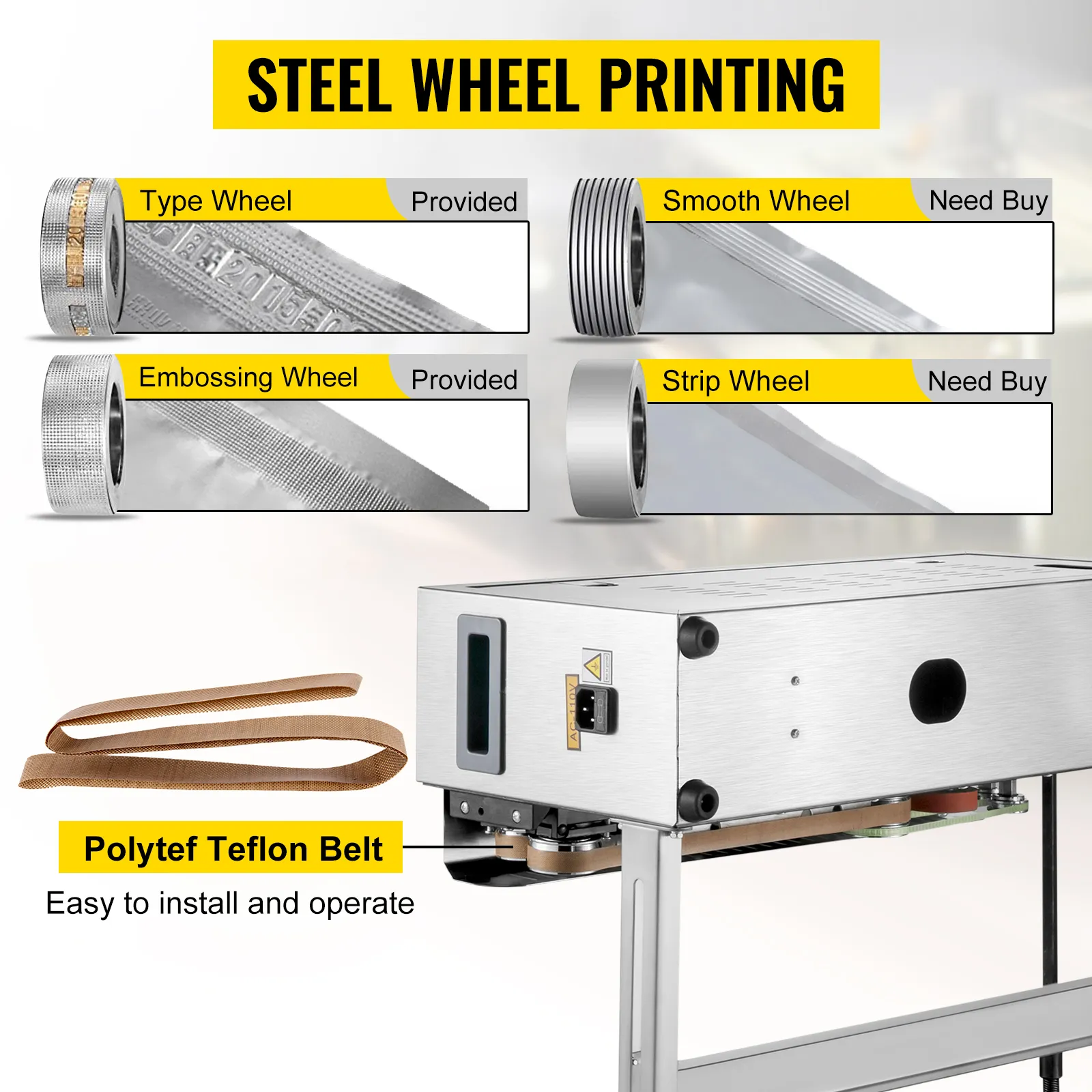 Sellador de banda VEVOR con ruedas de tipo, lisas, de relieve y de tira, además de correa de teflón polytef.