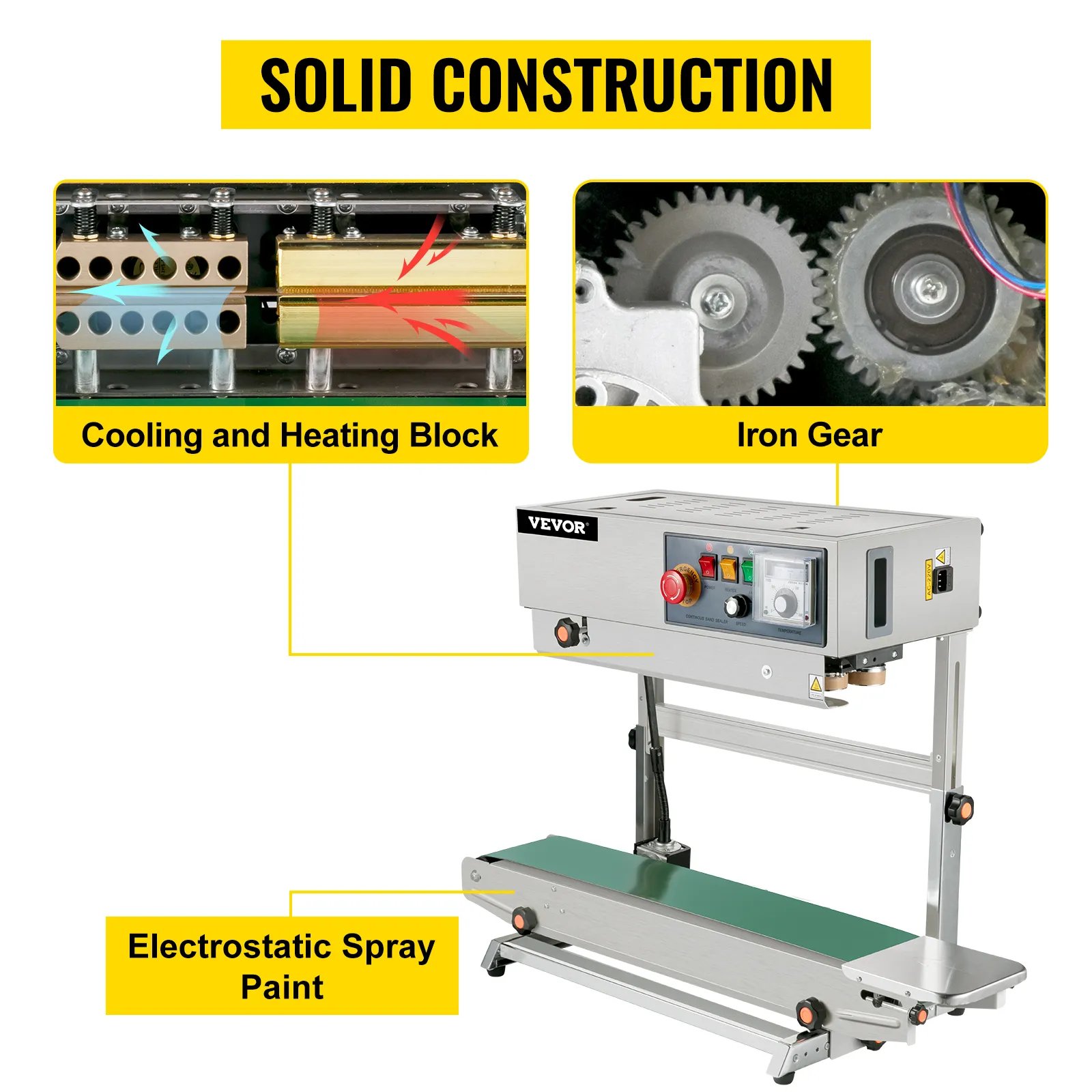 Sellador de banda VEVOR con bloque de enfriamiento y calentamiento, engranaje de hierro, pintura en aerosol electrostática.