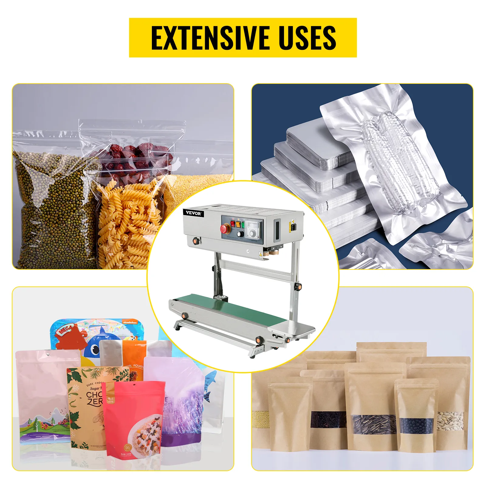 Selladora de banda VEVOR con varios paquetes de alimentos sellados; bolsas de pasta, de papel de aluminio, de colores y marrones.