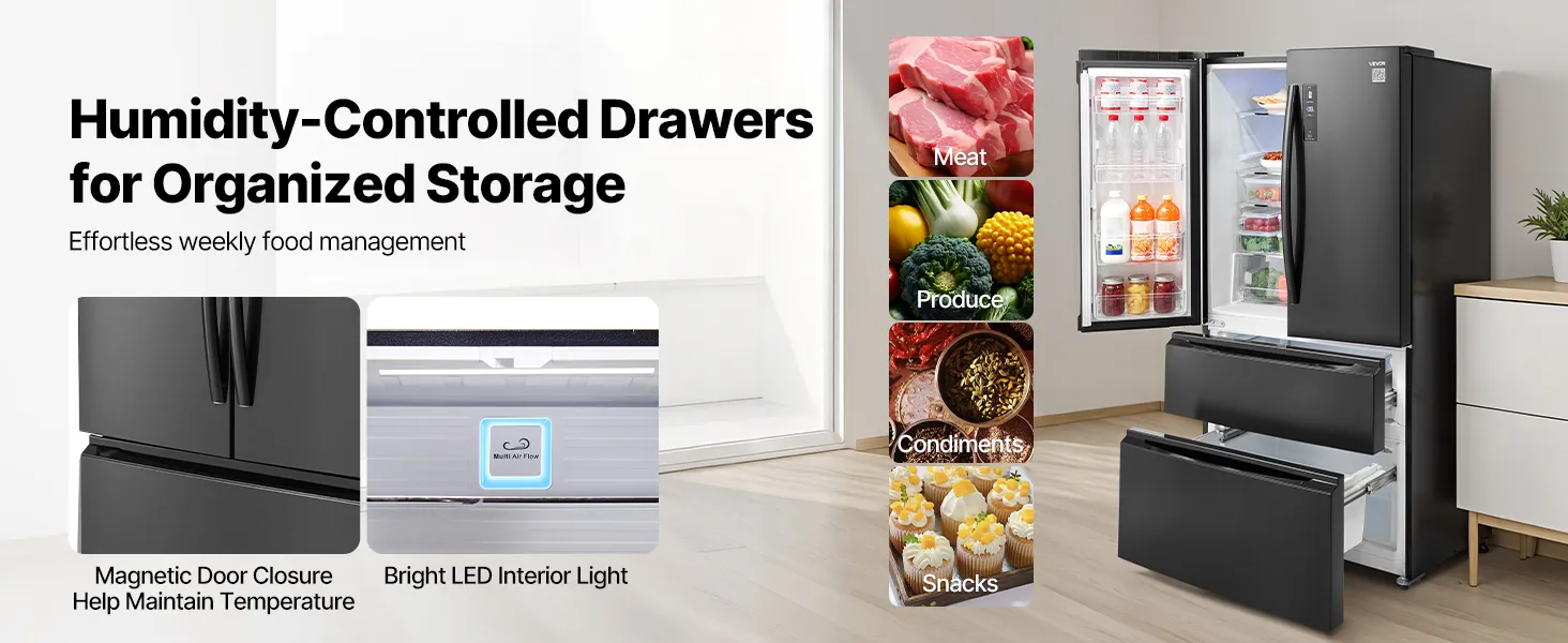VEVOR French Door Refrigerator 18.9 Cu. Ft. Kitchen Fridge with LED Display
