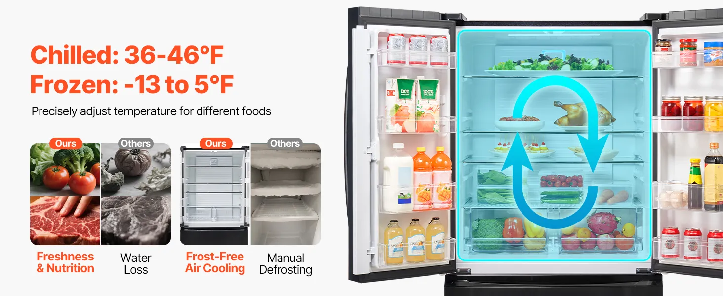 VEVOR French Door Refrigerator 18.9 Cu. Ft. Kitchen Fridge with LED Display