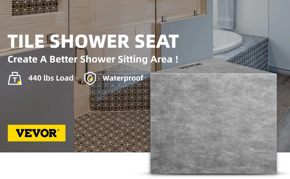 VEVOR tile shower seat, 440 lbs load, waterproof, bathroom view with patterned floor tiles and bathtub in the background.