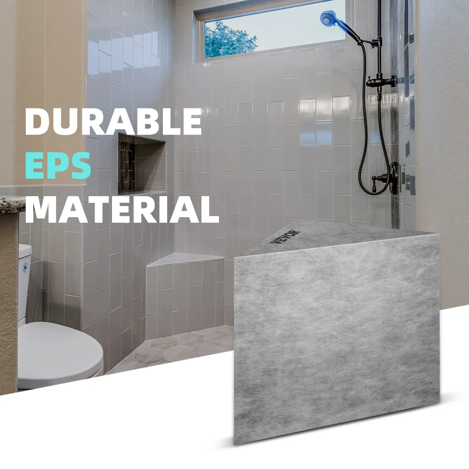 VEVOR tile shower seat in a modern shower made from durable eps material, highlighting sleek design.