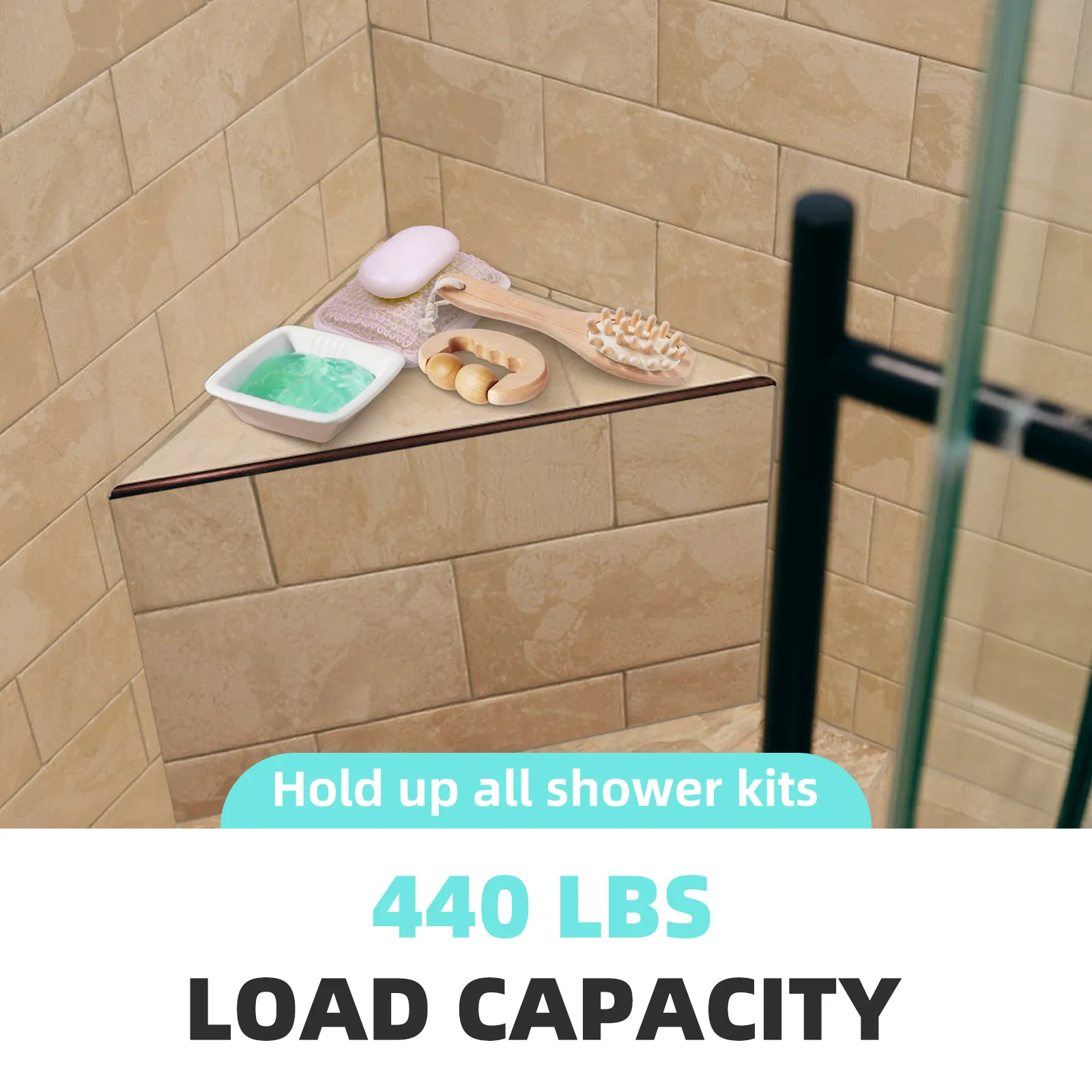 VEVOR tile shower seat in corner with soap, brush, and gel; holds up to 440 lbs load capacity.