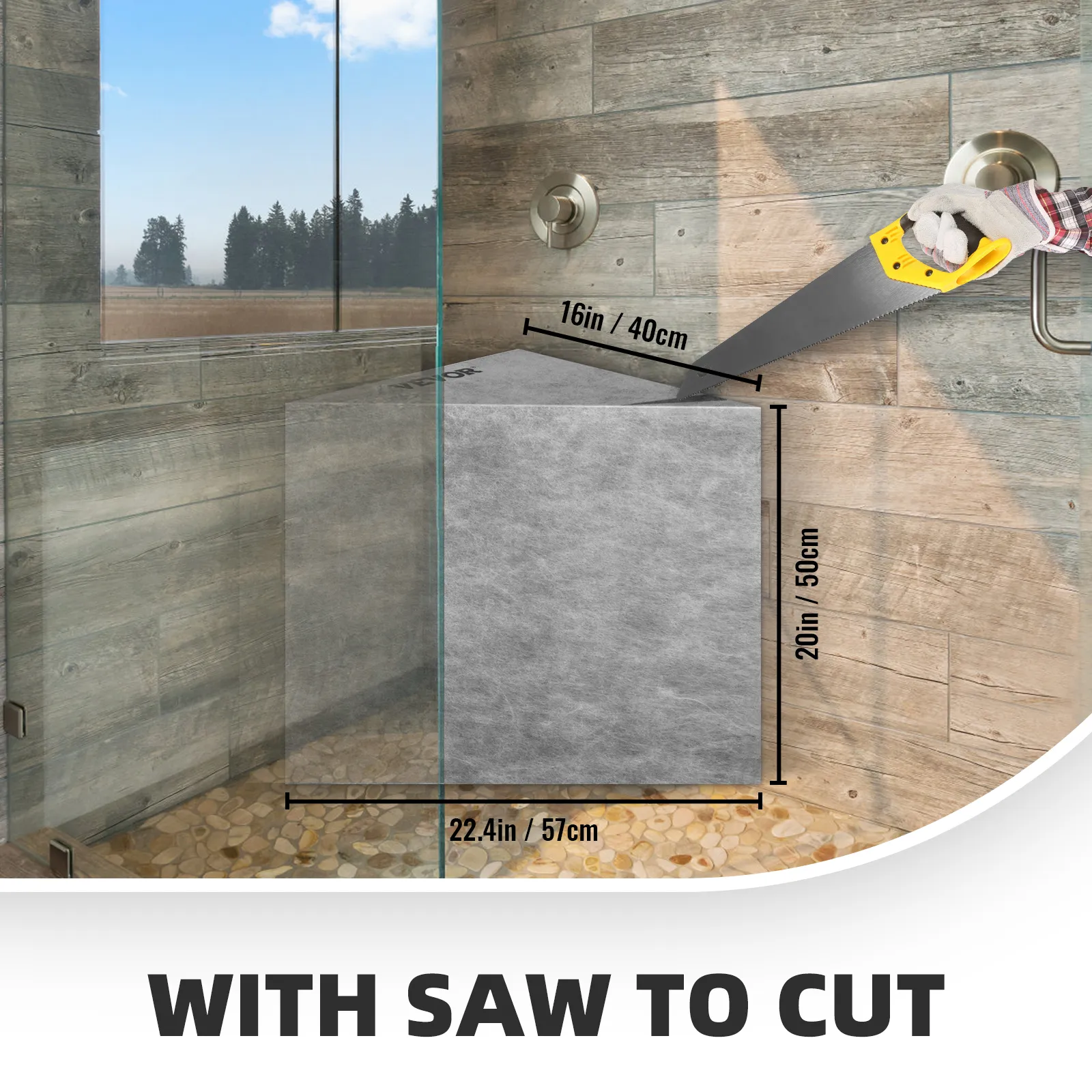 VEVOR tile shower seat installation with dimensions and a hand saw for cutting.