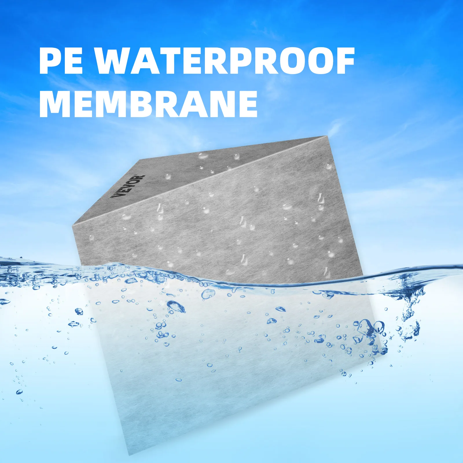 pe waterproof membrane for VEVOR tile shower seat submerged in water against a blue sky background.