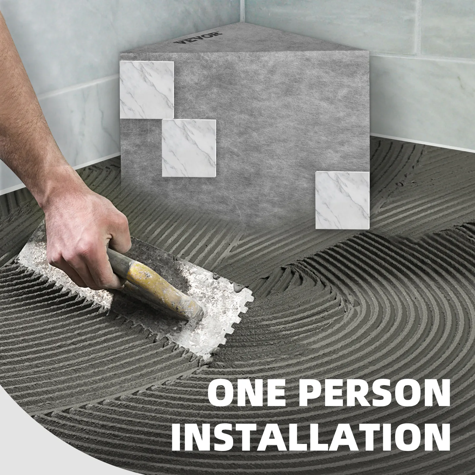 hand installing a VEVOR tile shower seat with a notched trowel, showcasing its ease of installation.