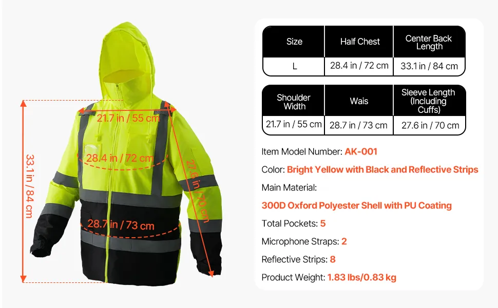 VEVOR Yellow Safety Jacket – Waterproof Hi Vis Class 3 Coat
